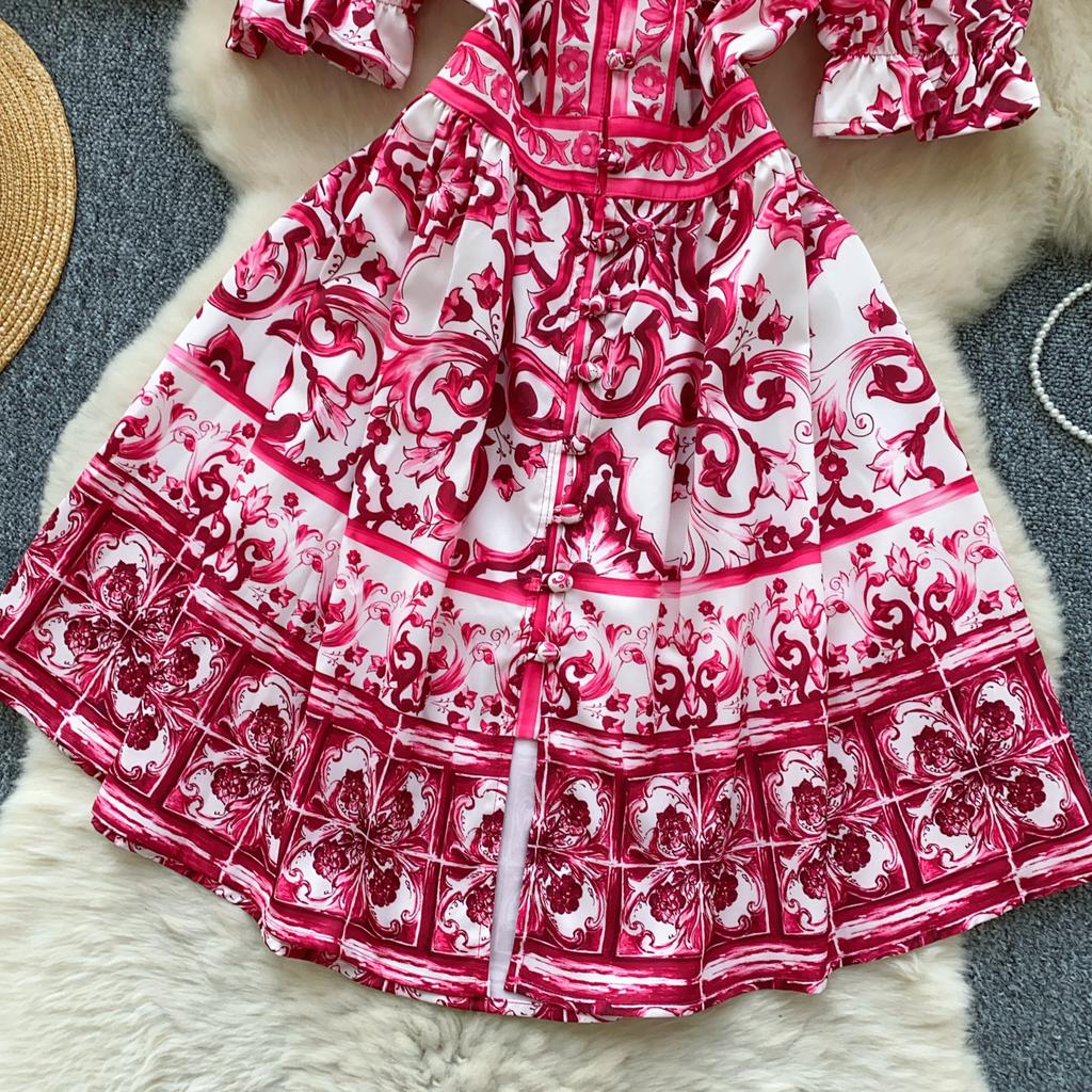 Summer Women Elegant Flare Sleeve Designer Print Runway Dresses V-neck Single Breasted Mini Short Party Dress