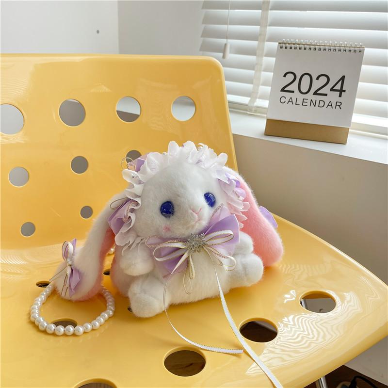 Japanese Lolita Loli Girl Plush Doll Rabbit Bag Student Crossbody Bag Pearl Chain Bag