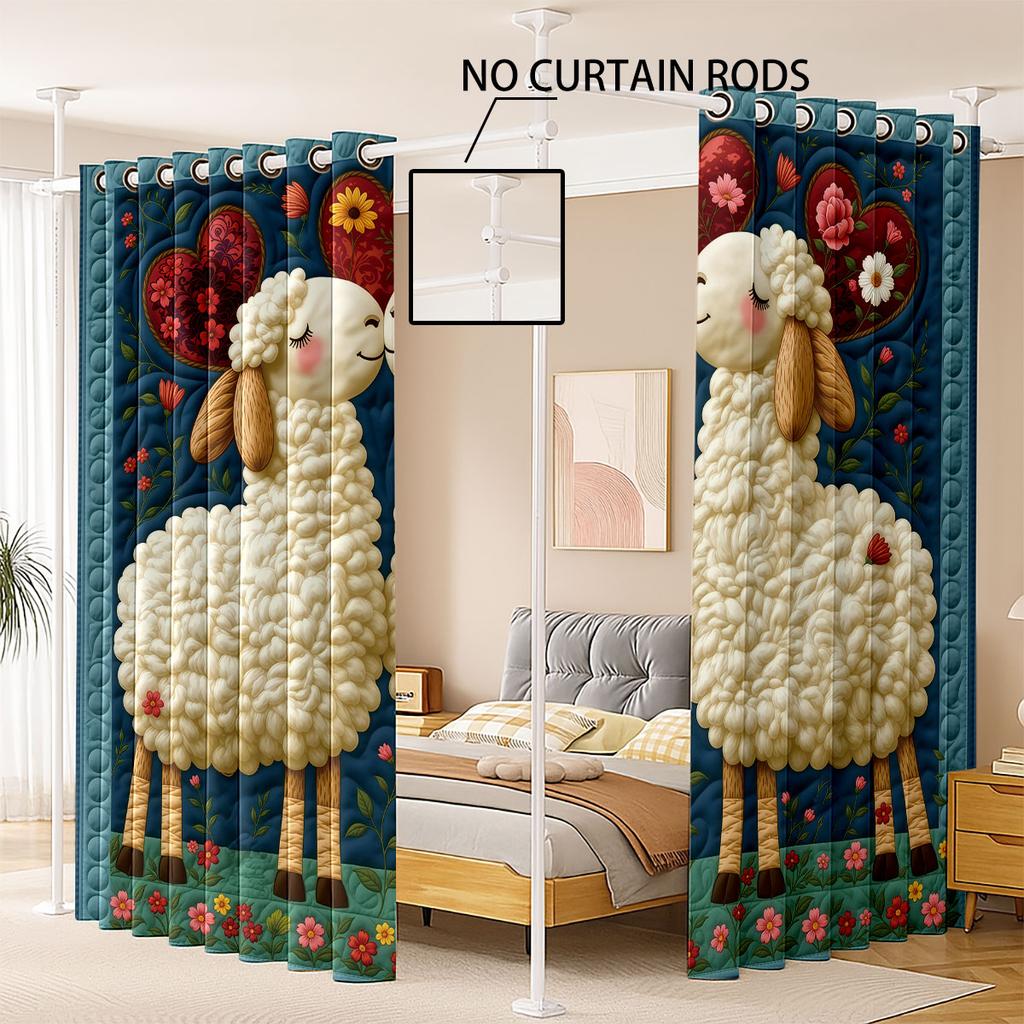 2pcs Cute Cartoon Sheep Print Perforated Blackout Curtains In Multiple Sizes For Living Room And Bedroom Insulation Decoration