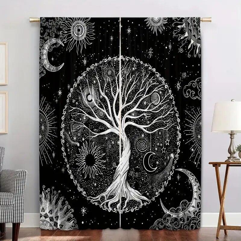 Graphic Sun Moon Starry Sky Printed Curtains, Rod Pocket Curtains Living Room Kitchen Office Decoration Curtains Home Decoration