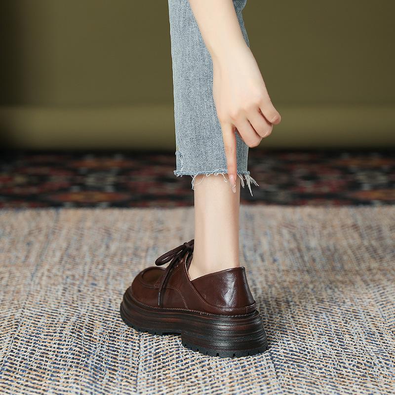 British style platform lace-up loafers for women's spring and summer new two-wear one-pedal round head thick heel black small leather shoes