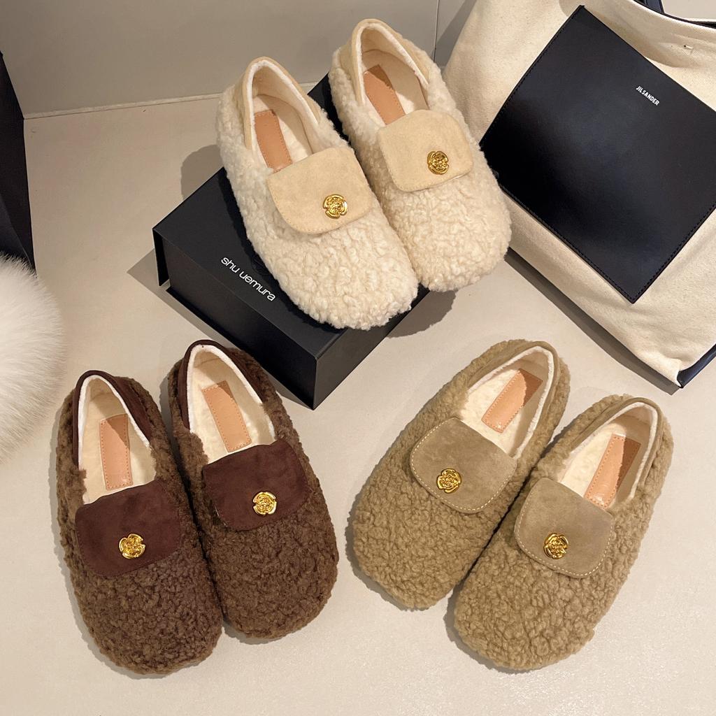 French two-wear all-inclusive fluffy shoes for women's outer wear 2025 new autumn and winter one-pedal versatile velvet cotton shoes Doudou shoes