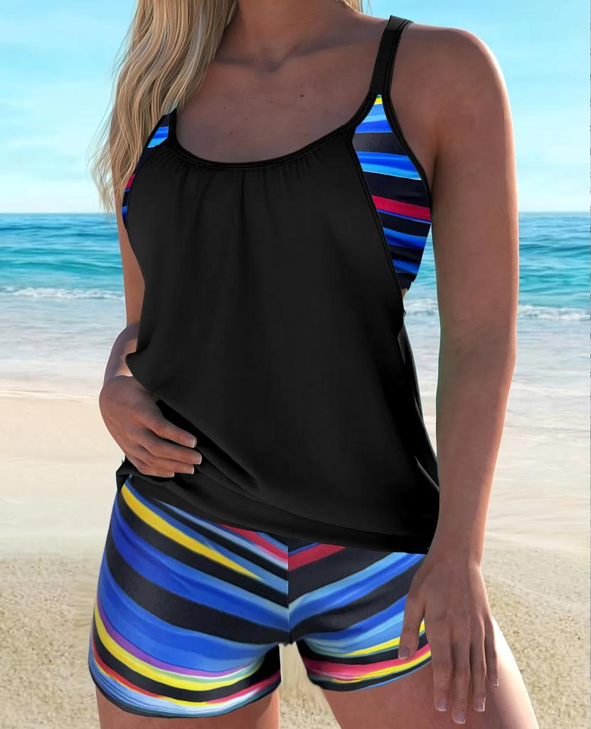 Damskie Stroje Kąpielowe Wzory Kontrastujące Szorty z Szelkami Split Bikini Strój Kąpielowy Odzież Plażowa Stroje Kąpielowe