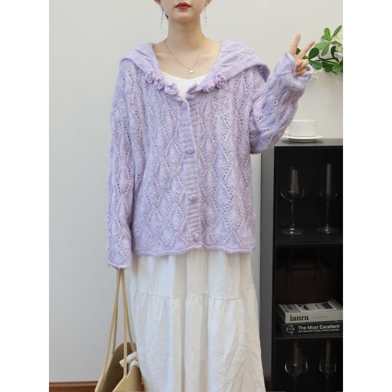 

Осень и зима новый кардиган вязаный с трехмерными цветами и воротником в морском стиле, свободный, мягкий, восковой, милый свитер-жакет женский one size fits all фиолетовый