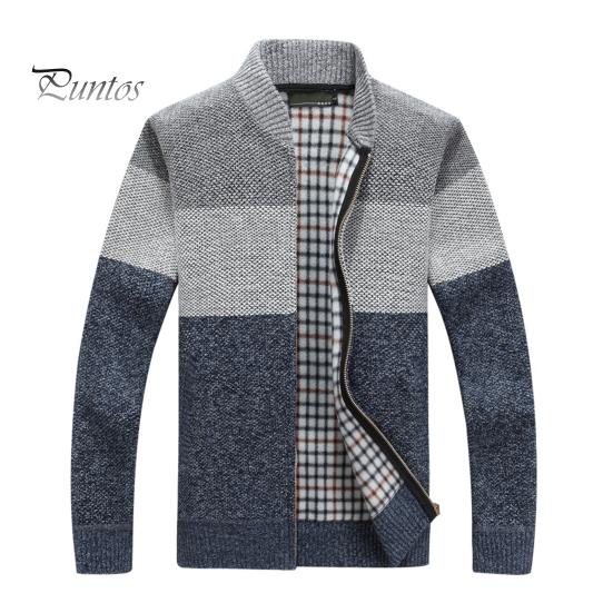 Мужской свитер пальто толстый плюш цветные блоки застежка-молния воротник-стойка трикотажная свободная сохраняющая тепло куртка осенне-зимний кардиган верхняя одежда M серый 2245₽