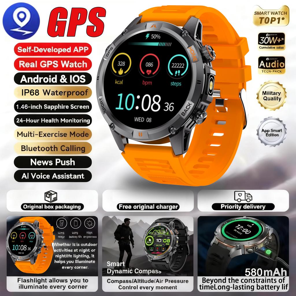New Military Outdoor Dual-Band GPS Track Smartwatch Men Bluetooth Call Compass Swimming Grade 5ATM Waterproof Smart Watches