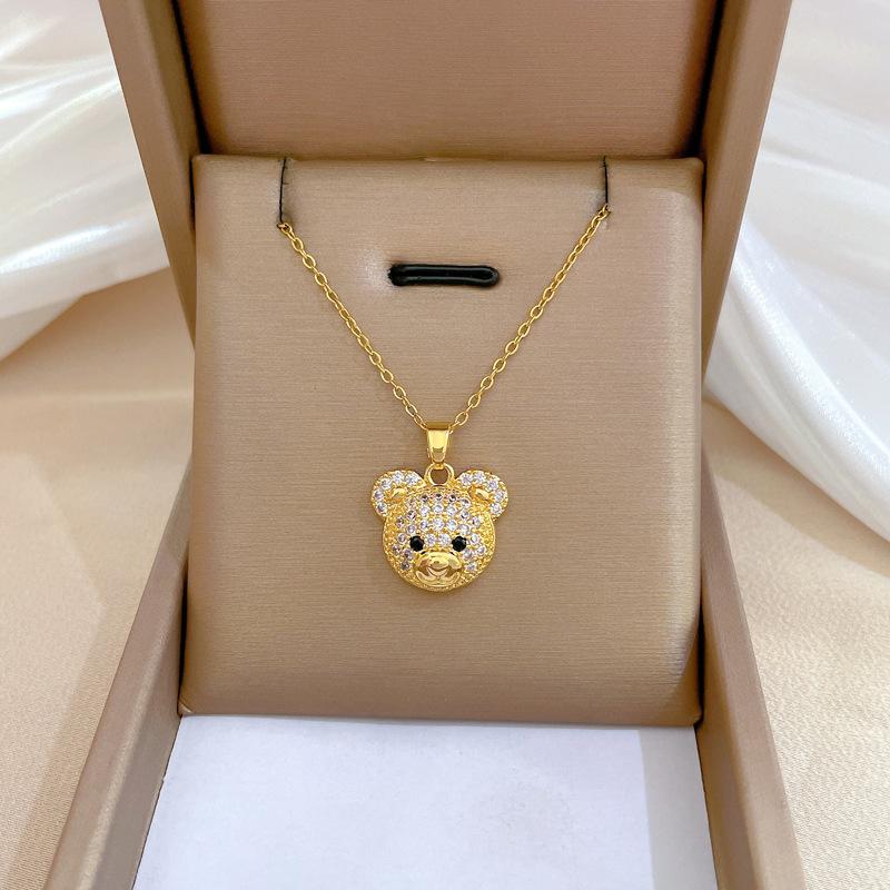Light Luxury Temperament Gorgeous Full Of Diamonds Cute Bear Necklace Female Versatile Collarbone Chain Titanium Steel Chain