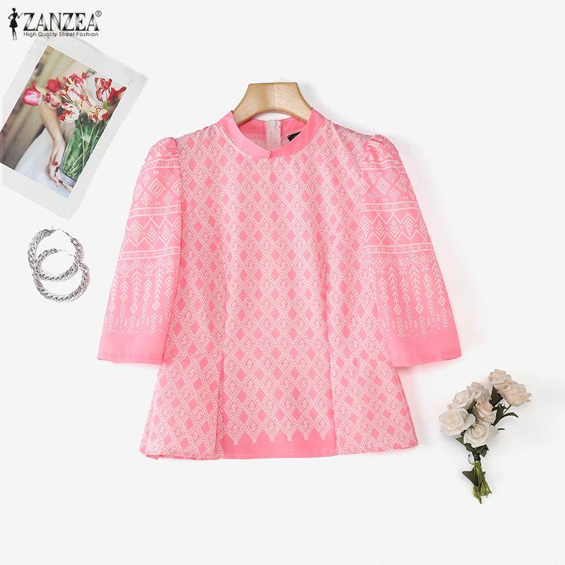 ZANZEA Women Casual Stand Collar Loose Half Sleeve Print Blouse