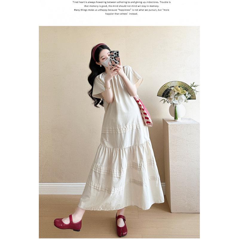 2026 Summer Casual Solid Color Round Neck French Maternity Dress M