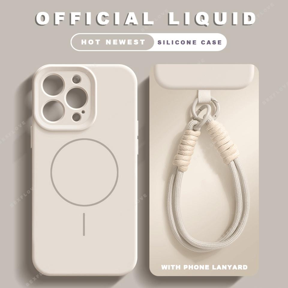 Liquid Silicone Lanyard Magnetic Phone Case For iPhone 16 14 15 Plus 11 12 13 16 Pro Max Magsafe Charge Strap Protector Cover