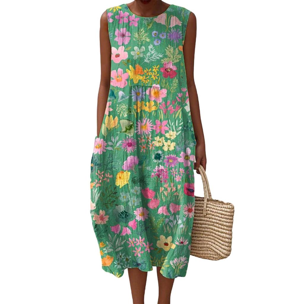 Summer European and American women's new sleeveless seaside vacation D printing dress
