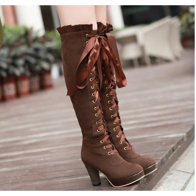 High Heel Martin Boots, Suede Front Lace-Up High Boots, Round Head Water Table Boots Large Size F
