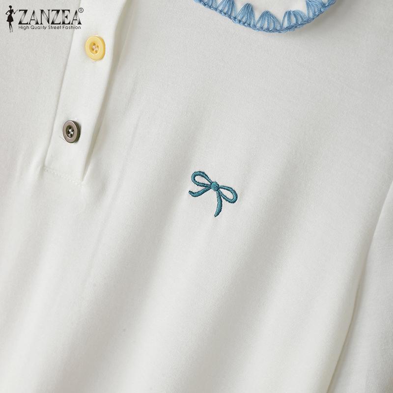 ZANZEA Women Lapel Neck Short Sleeve Stitching Embroidery Casual Tops Blouse