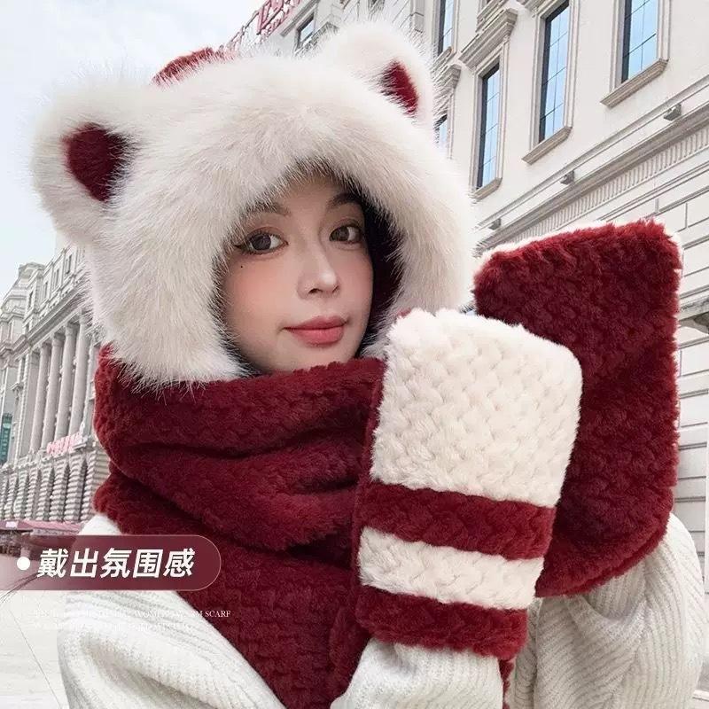 Cute bear ear hat, scarf, and gloves all-in-one, warm and cold-proof, thick plush ear protection cycling hat for women in autumn and winter
