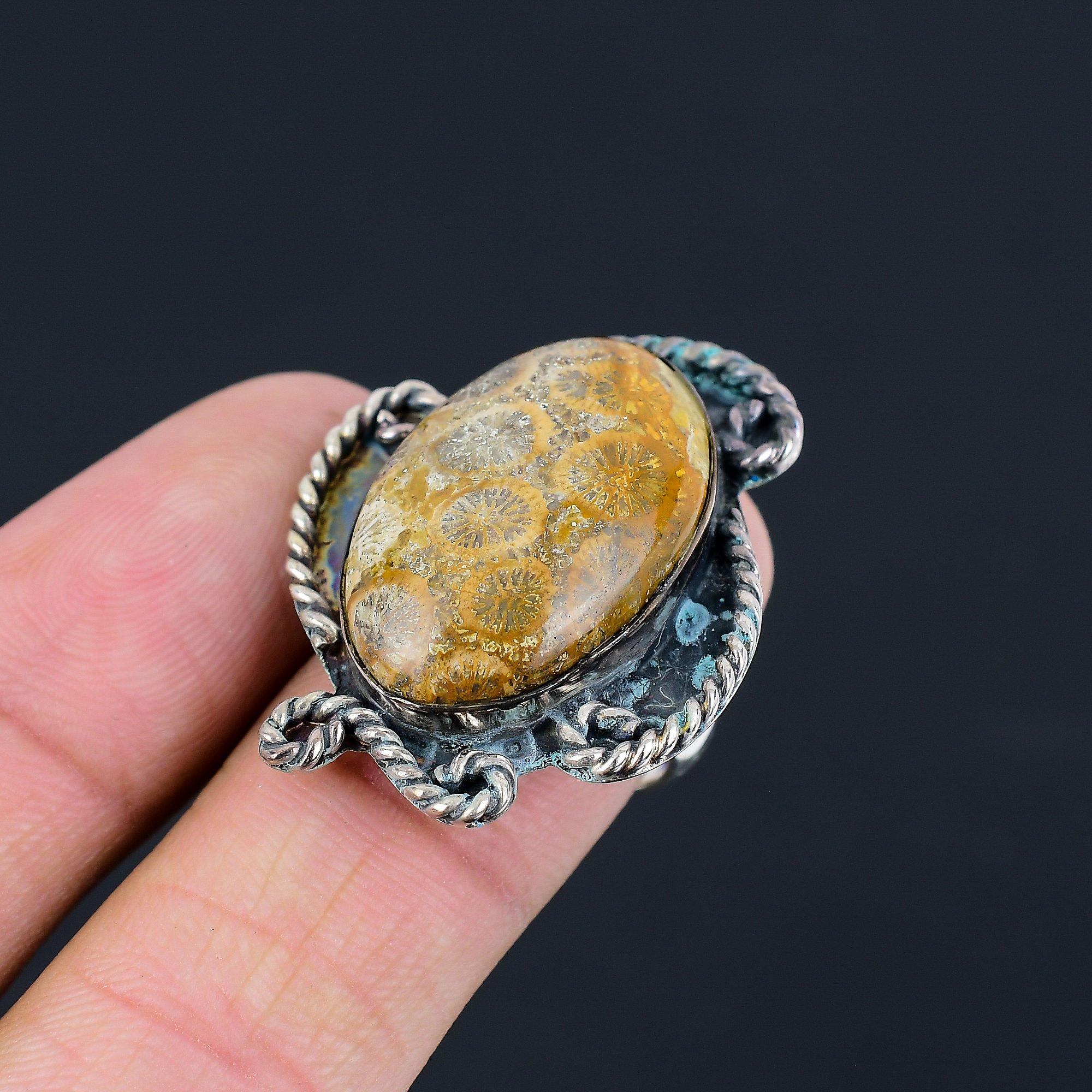 

Daughters Day Sale 925 Sterling Silver Fossil Coral Stone Ring Jewelry Size 8 8