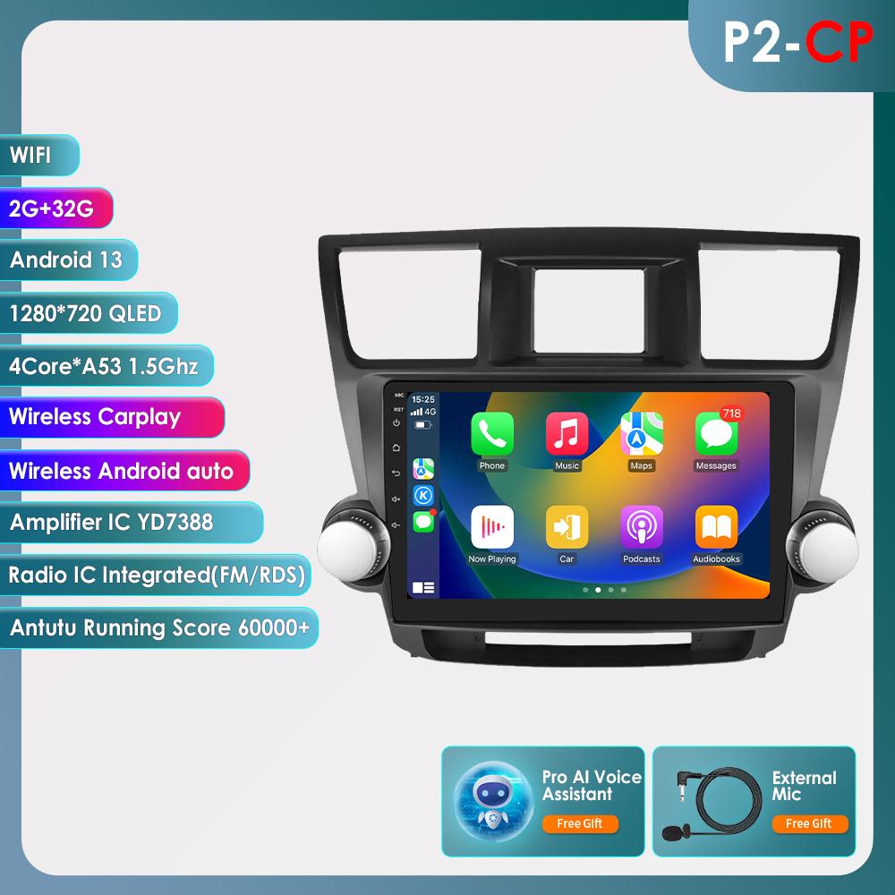2 Din Android 12 Car Radio for Toyota Highlander Kluger 2 XU40 2007-2013 Navi GPS Multimedia 4G  Intelligent Screen Video Player Auto Stereo Carplay