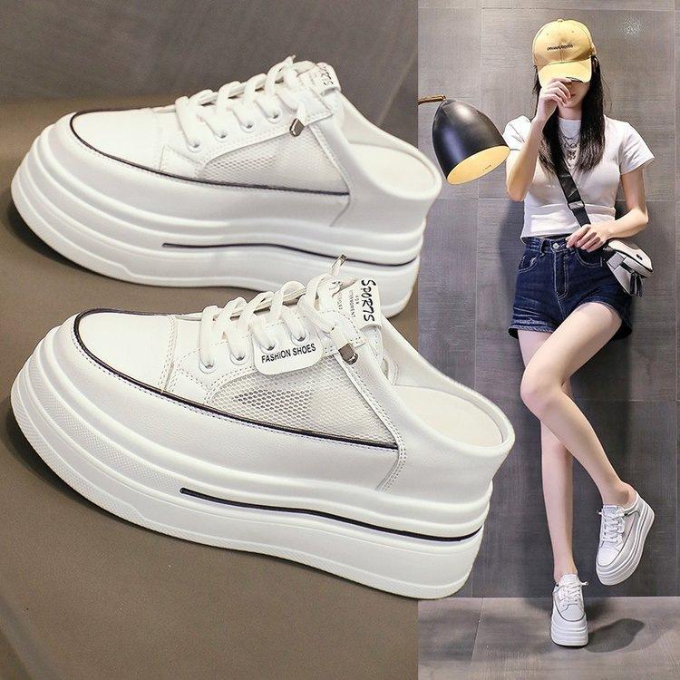 Popular Thick-soled Lace-up Heightening Little White Shoes for Women's 2025 Summer New Versatile Comfortable Casual Half Slippers for Women's Out