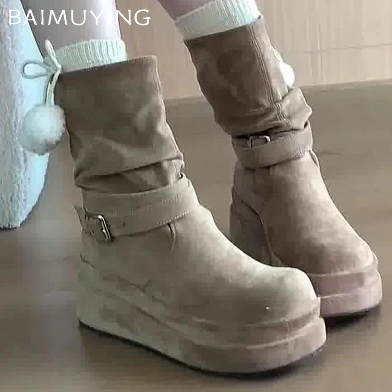 Platform Women Suede Ankle Boots Retro Mid Heels Shoes New Brand 2025 Trend Designer Classic Buckle Gladiator Winter Botas Mujer