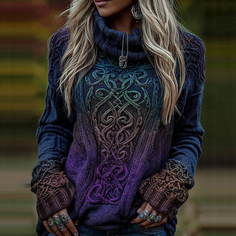 2025 Women's High Neck Jacquard Knit Sweater - Chunky European & American Style Pullover