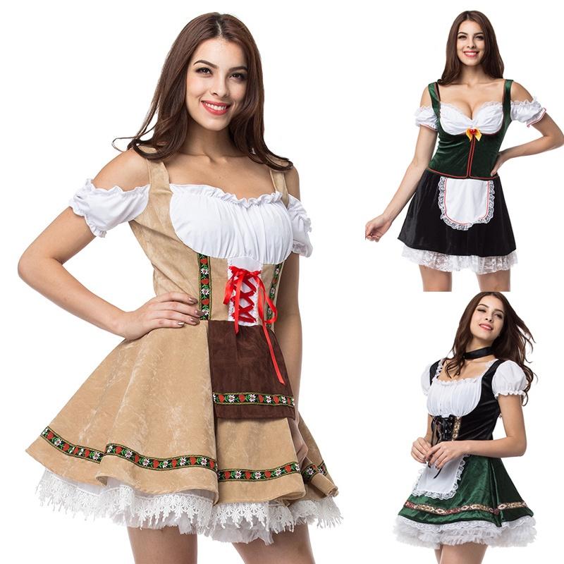 Charming Green V Neck Dirndl Costume Featuring Lace Design Ideal For Oktoberfest Events