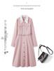 2025 Spring Women's Color Block Long Dress with Belt and Turn-Down Collar