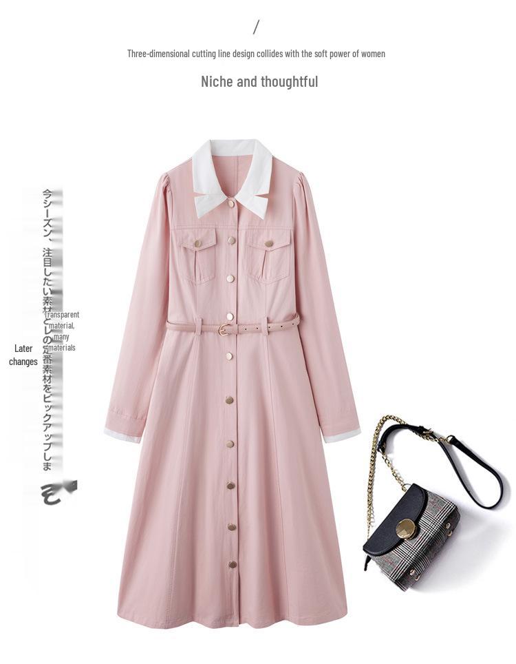 2025 Spring Women's Color Block Long Dress with Belt and Turn-Down Collar