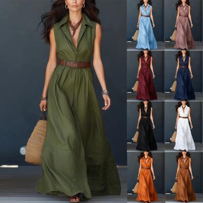 Ärmelloses Hemdblusenkleid mit Kragen und Taillengürtel Langes lässiges Maxikleid für Damen Knopfleiste vorne Locker sitzend Sommerstil