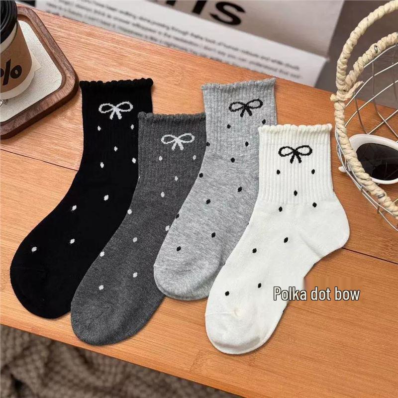 

Women s Autumn & Winter Lace Polka Dot Bow Short Socks - Deodorant, Sweat-Absorbent, Mid-Tube Style, Trendy Japanese Design. One Size