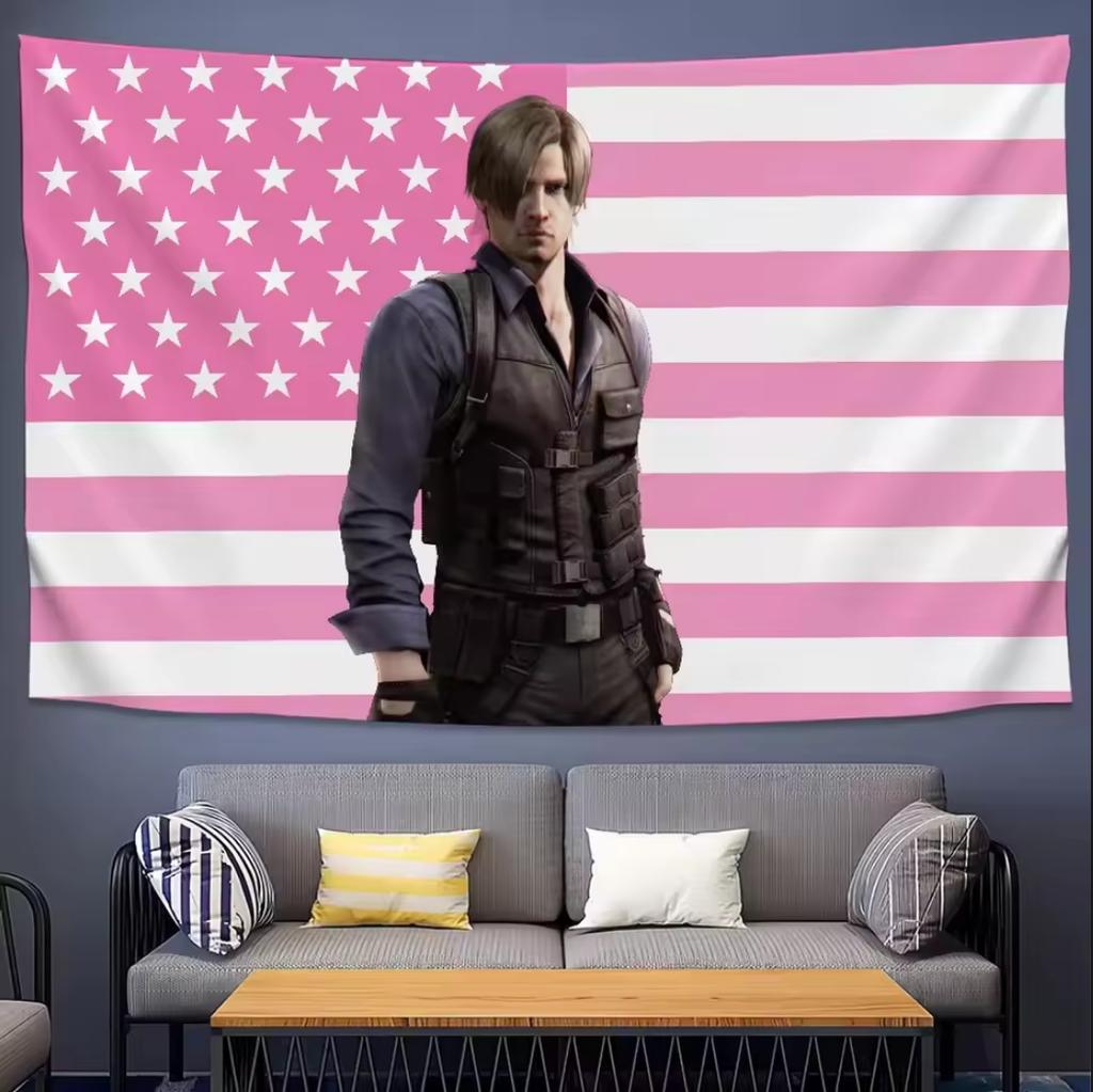 Leon Kennedy Tapestry Resident Evil American Flag Art Video Game Decor Multi Size Flat Print Design
