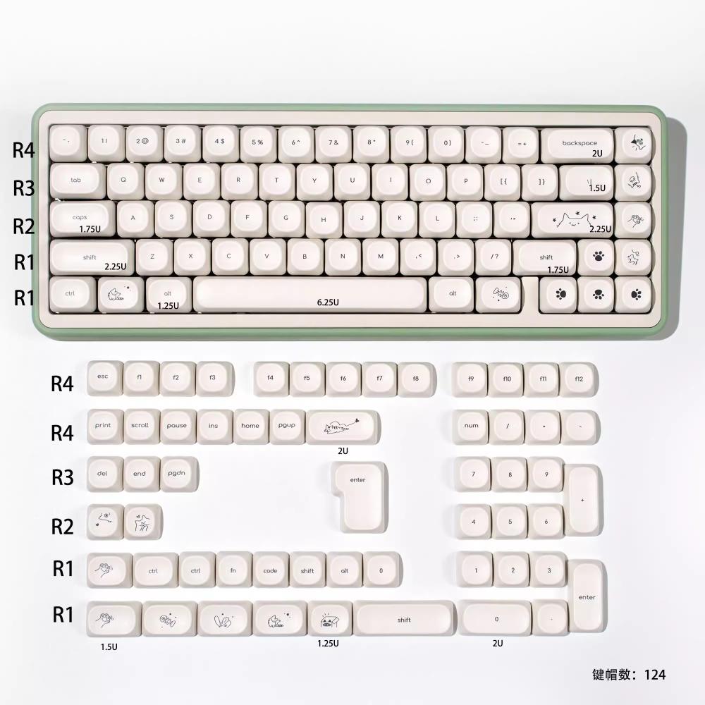 Happy Kitty Cat Keycap Set PBT Thermal Sublimation 124 Keys MOA Height Milk White Girls Mechanical Keyboard Keycaps