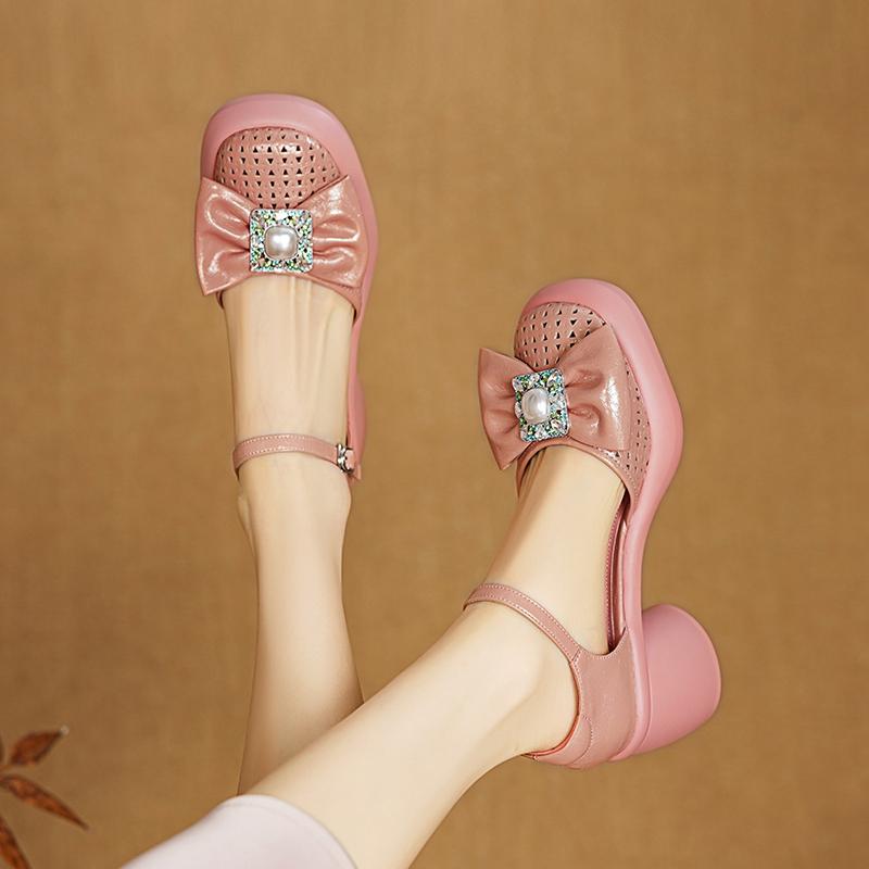 Fashion Women's new leather cowhide thick sole rhinestone bow, thick heel high-heeled toe bag, elastic band Mueller sandals