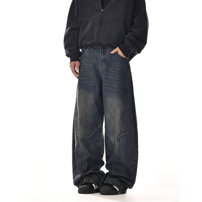 American Retro Washed Machete Denim Men and Women Handsome Fried Street Stylish Loose Casual Straight-Leg Wide-Leg Pants