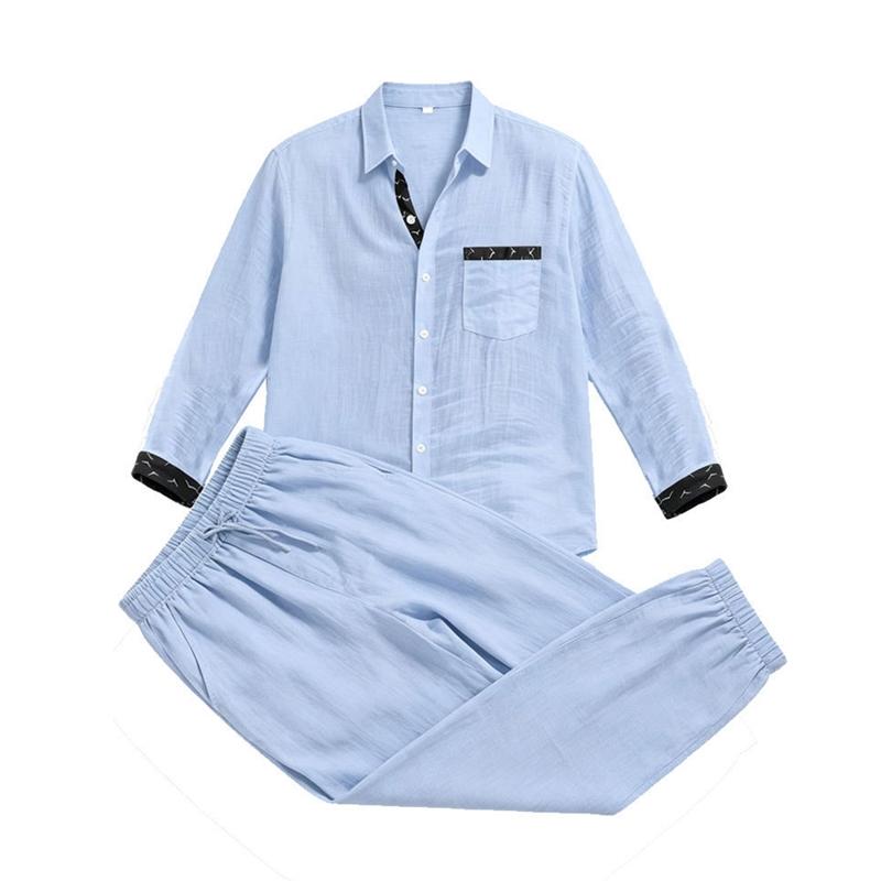 Men's 2‑Piece Linen‑Blend Set, Long‑Sleeve Button Shirt with Contrast Pattern Trim & Chest Pocket, Drawstring Jogger Pants Breathable Casual Outfit