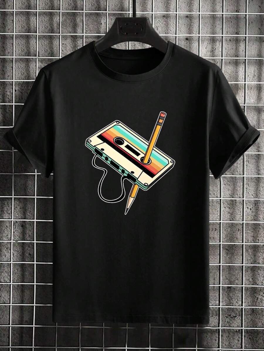 

Unisex s Creative Pencil & Cassette Tape Graphic Round Neck Short Sleeve T-Shirt, Casual Daily Wear L