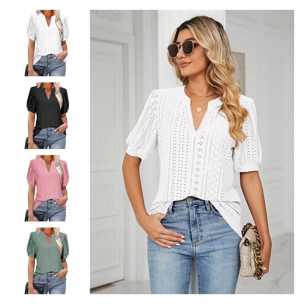 Women's V-neck Tops Short Sleeve T-shirts With Cut Out Lace Detail