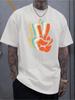 Men's Retro Pattern Printed Short Sleeve T-Shirt| Black Base Shirt, Colorful Peace Sign and Abstract Gesture Design, Casual Summer T-Shirt