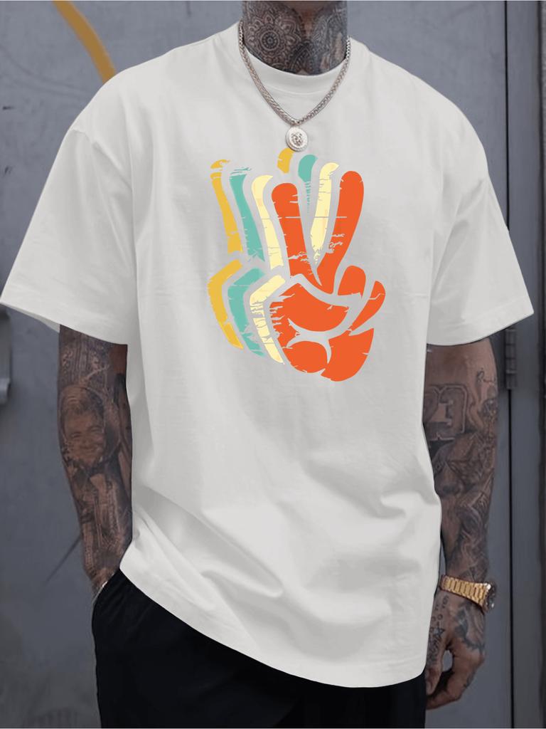 Men's Retro Pattern Printed Short Sleeve T-Shirt| Black Base Shirt, Colorful Peace Sign and Abstract Gesture Design, Casual Summer T-Shirt