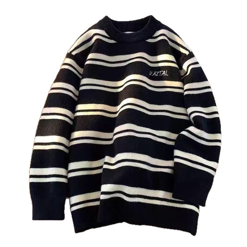 Unisex American Striped Color Block Round Neck Sweater - Autumn/Winter Trendy Knit Pullover