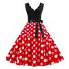 Women Retro 50s Midi Edge Dress V Neck Sleeveless High Waist Lace Up Tight A Line Loose Hem Flower Bow Decor Dot Print