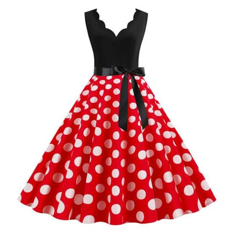Women Retro 50s Midi Edge Dress V Neck Sleeveless High Waist Lace Up Tight A Line Loose Hem Flower Bow Decor Dot Print