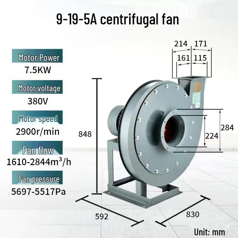 High-Pressure 9-19 Centrifugal Fan Blower 380V for Exhaust, Material Conveying, Pellet Blowing, and Industrial Draft.