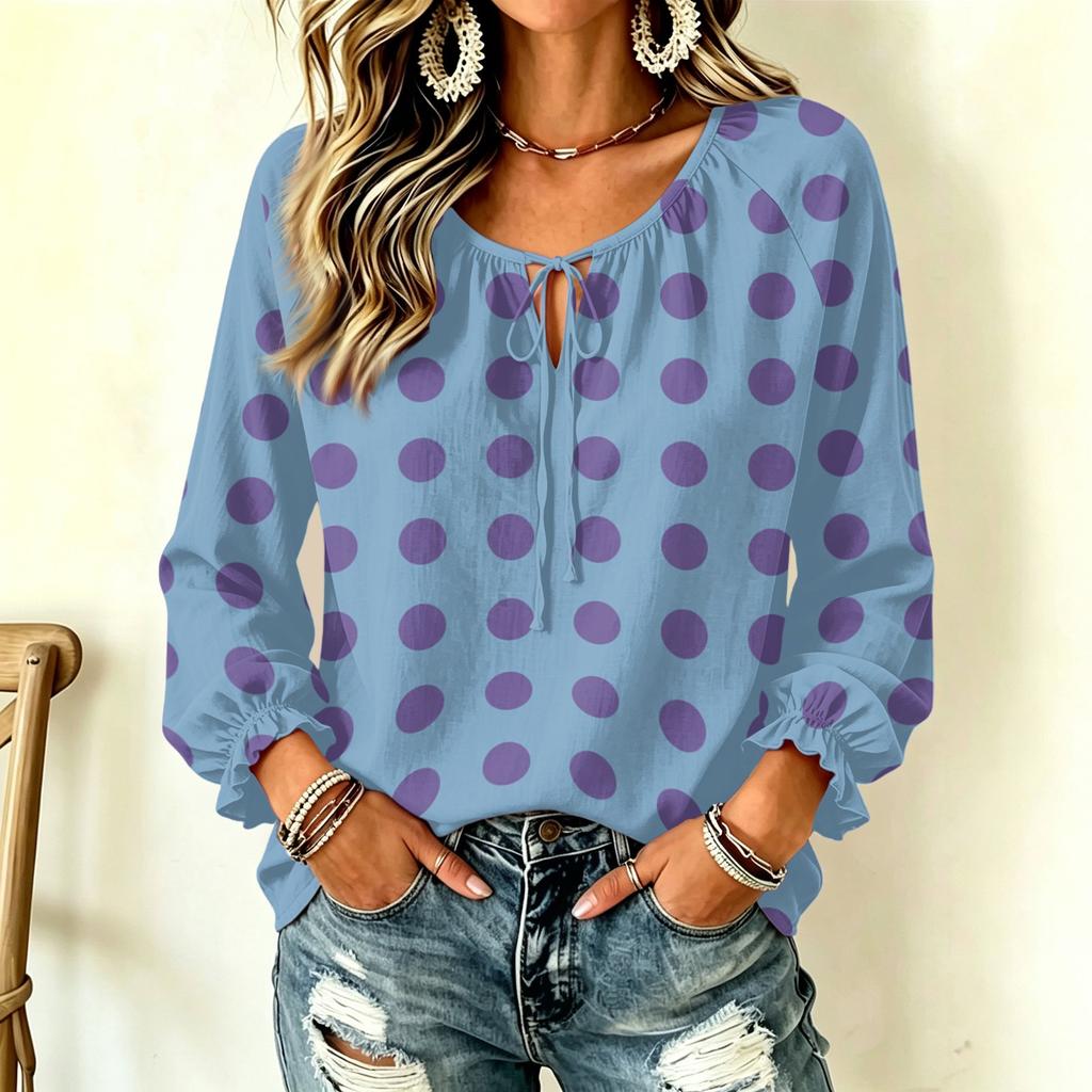 Women's Vintage Polka Dot Long Sleeve Pullover Top with Ruffle Trim and Tie Neck