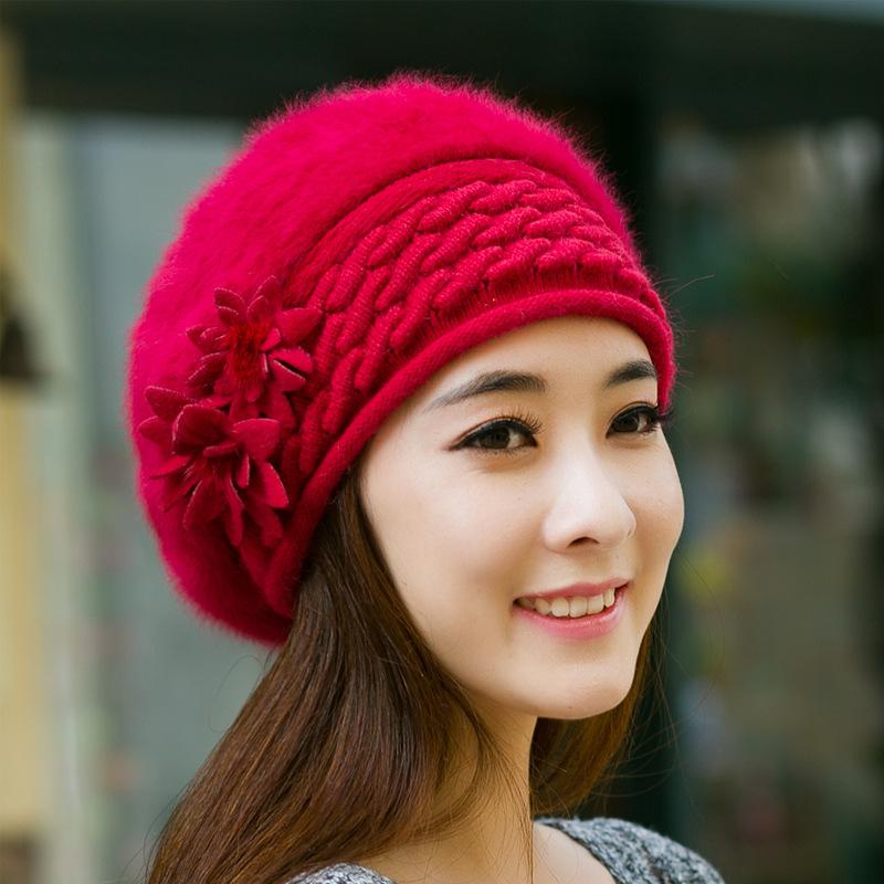 1Pcs Thickened Beret Warm Knitted Wool Hat Autumn Winter Mom Hat Diy Accessories Women'S Winter Flower Hat