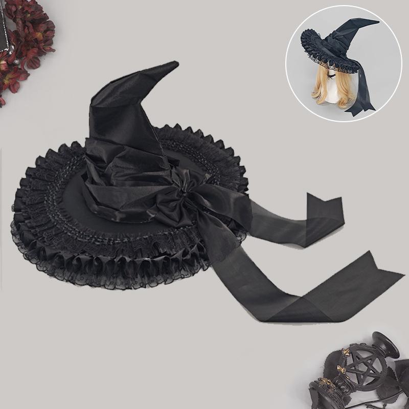 Halloween Dark Lace Witch Hat Cosplay Headpiece for Beach Conventions Subculture Semi-handmade Adjustable Character Wizard Hat