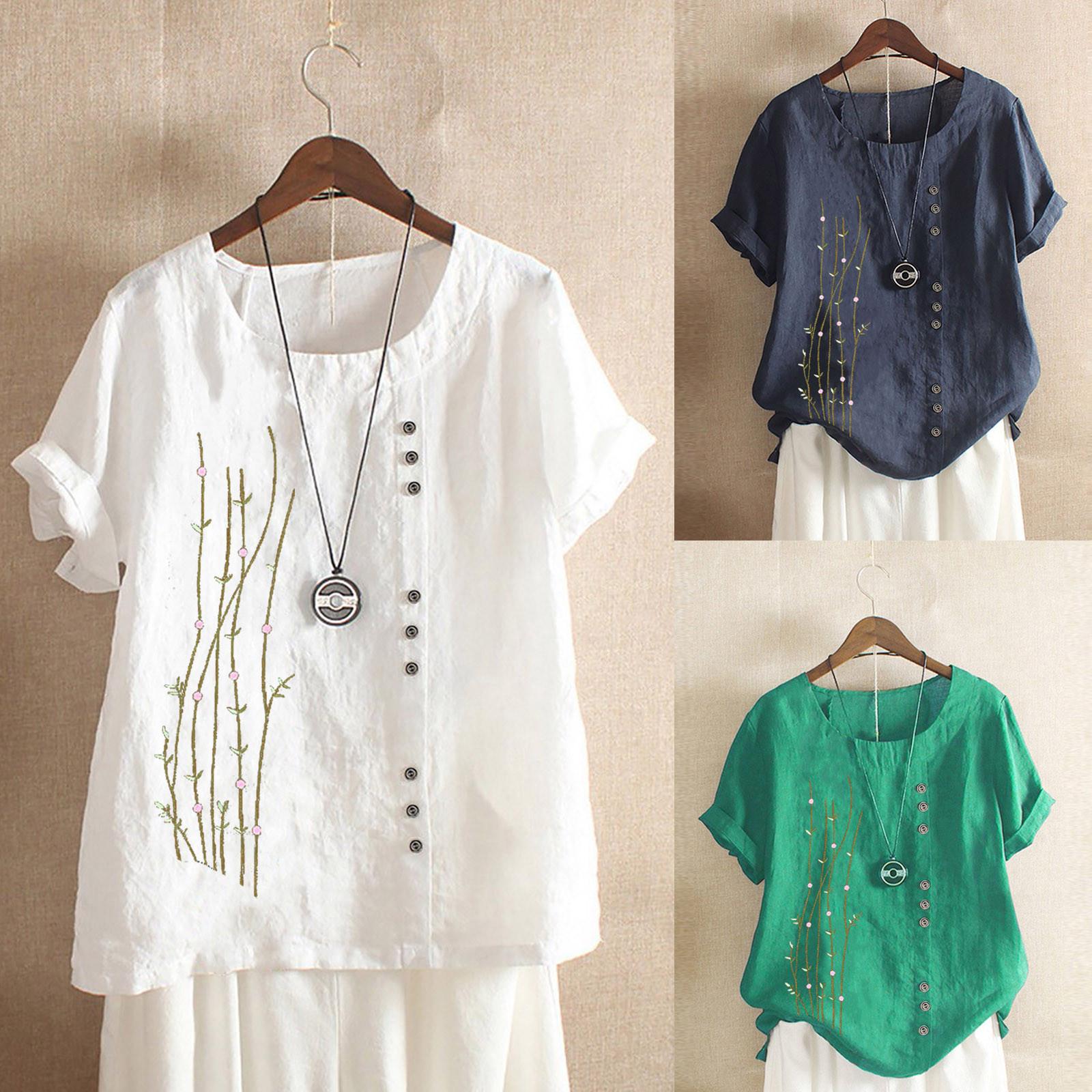 

Женская футболка с принтом, хлопково-льняная блузка с коротким рукавом и круглым вырезом