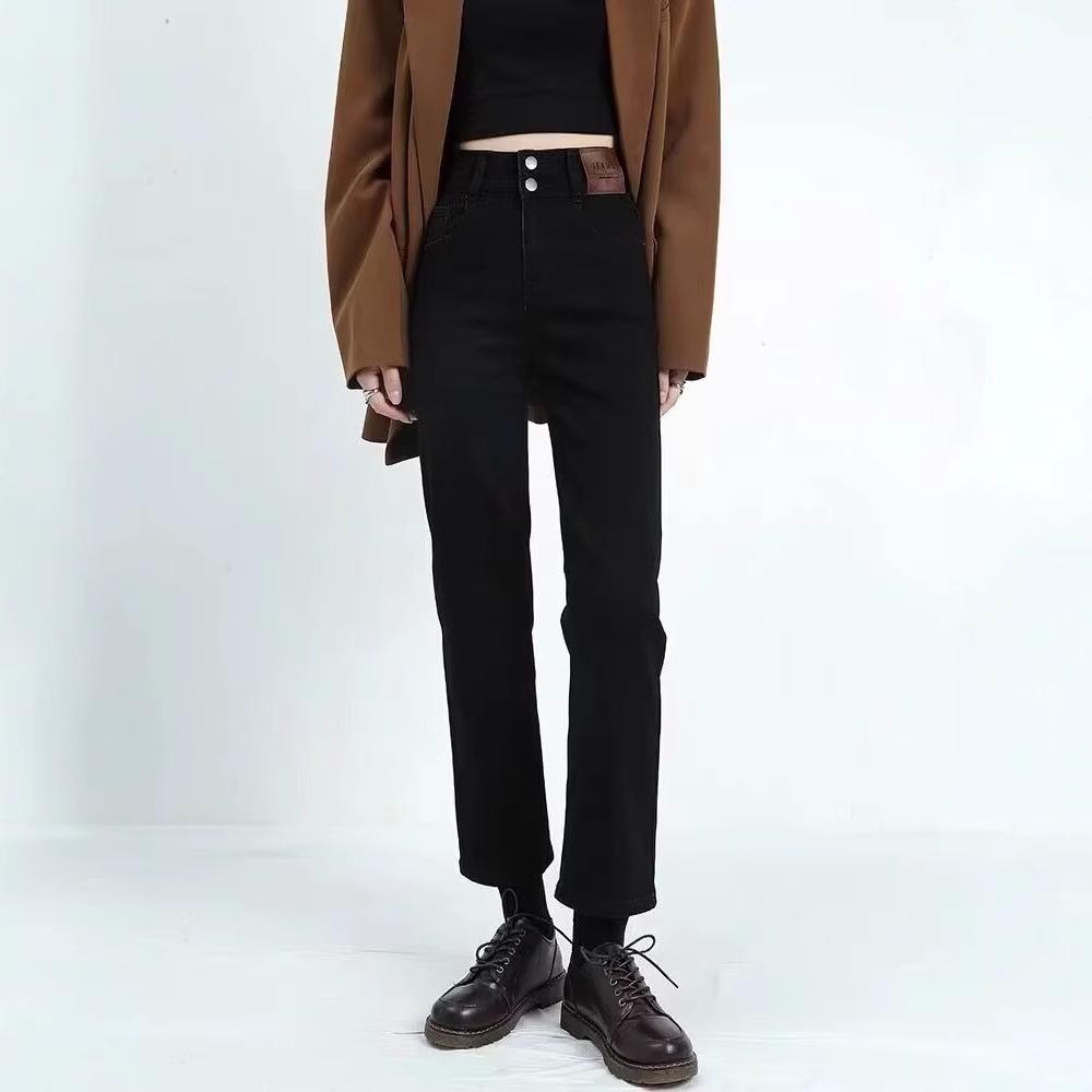 Women's High-Waisted Fleece-Lined Cigarette Jeans - Winter Retro Fashion, Slimming Straight-Leg Pants