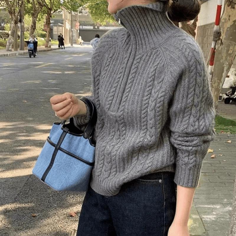 Women's Stylish Cable Knit Cashmere Half-Zip Sweater - Warm, Loose Fit for Autumn & Winter