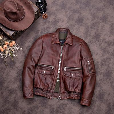 Chinesische Größe Vintage Rot Braun Herren Echtlederjacke Echtes Rindsleder Air Force Fluganzug A2 Pilotenjacke Bomberjacke