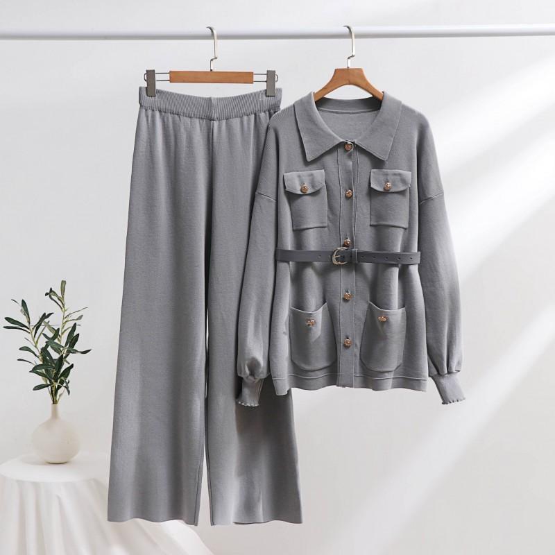 Knitted Sweater Set Polo-neck Loose Coat High Waist Wide-leg Pants Two-piece