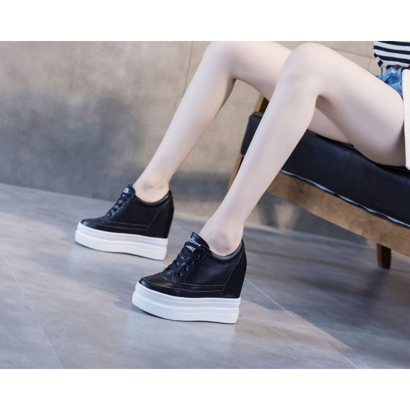 Fashion Women Genuine Leather 11cm Hidden Wedge Sneakers Platform Shoes High Heels Sneakers Woman Casual Shoes White Women Trainer